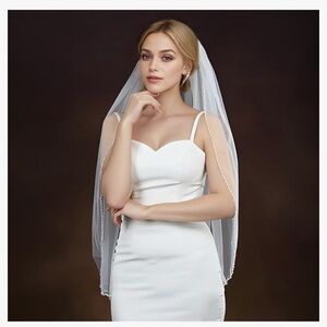 Bridal Veil Pearls and Crystals Beaded Edge 1 Tier Fingertip Length Wedding Veil